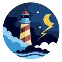 Lighthouse at night with clouds and lightning illustration vector