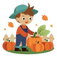 A boy in overalls picking pumpkins vector