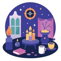 A witch's room with candles, books, and a clock vector