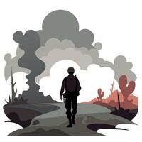 A soldier walking in the desert with smoke coming out of the ground vector