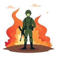 A soldier with a gun standing in front of a fire vector