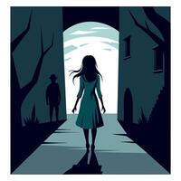 A woman walking through an alleyway with a man in the background vector