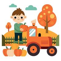 Autumn harvest boy with pumpkin vector