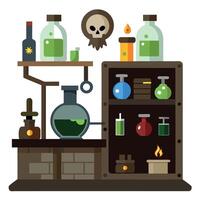 A laboratory with various potions and bottles vector