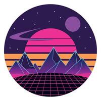 Retro 80s style mountain landscape with stars and moon vector