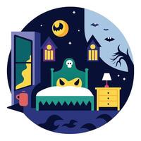 Halloween bedroom with ghost, bats and bats vector