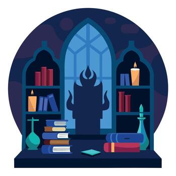 A book shelf with books and candles in front of a window vector