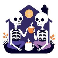 Two skeletons sitting in front of a house with a cup of coffee vector