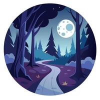 A path through the forest at night with moon in the background vector