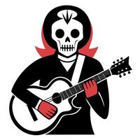 A skeleton with a guitar playing in front of a skull vector