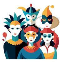 A group of people wearing masks and costumes vector