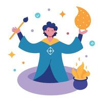 Magician with a pot of magic, flat style illustration vector