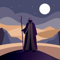 A man in a purple robe standing in the desert at night vector
