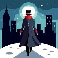 A man in a top hat and coat walking in the snow vector