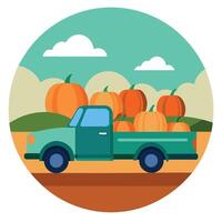 A truck is driving down a road with pumpkins in the back vector