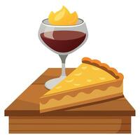 A slice of pie and a glass of wine on a table vector