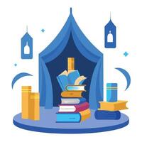 Books and lamps in a tent with a blue background vector