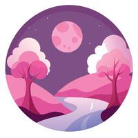 A pink landscape with trees and a river vector