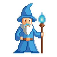 Pixel art wizard with staff and torch vector