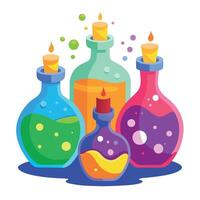 Three colorful bottles with candles and liquid vector