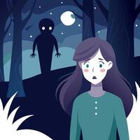 A girl in the woods at night with a ghost vector