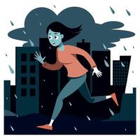 A woman running in the rain in the city vector