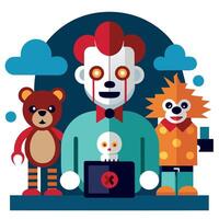 A cartoon clown with a teddy bear and a doll vector