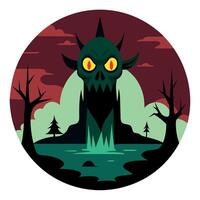 A cartoon monster with red eyes and a lake in the background vector