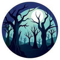 A dark forest with trees and moon in the background vector