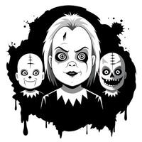 A black and white illustration of three creepy dolls vector