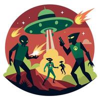 An illustration of aliens and a man with a gun vector