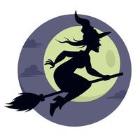 A silhouette of a witch flying on a broom with the moon in the background vector