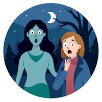 Two women in the woods with a man in the background vector