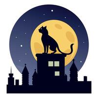 A cat is standing on top of a building at night vector