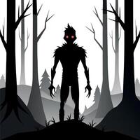 A silhouette of a man in the woods with red eyes vector