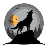 Silhouette of howling wolf against dark toned foggy background and full moon or Wolf in silhouette howling to the full moon. Halloween horror concept. vector