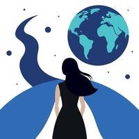 A woman standing in front of a blue background with the earth in the background vector