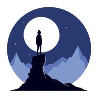 Silhouette person stands on the mountain with full moon. . vector