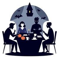 Silhouettes of people sitting at the table in a dark room. Halloween concept. a secret society meeting plotting a conspiracy. vector