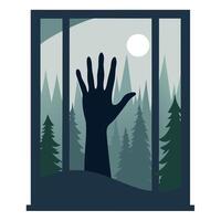 Silhouette of a hand on a glass window with blurred foggy forest background vector