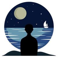 Silhouette of a person looking at the moon. sea. vector