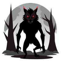 Sinister werewolf with red eyes in gloomy night forest shrouded in mist. full body portrait of scary wolf shifter grin in ominous dark woods ready for attack victim. vector
