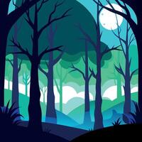 Silhouettes of trees in a dark night forest with a blue and green of fog. vector