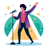 Singer with microphone performing live on stage with colorful lights and smoke effects vector