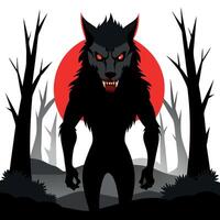 Sinister wolf shifter with red eyes in gloomy night forest shrouded in mist. scary werewolf grin in ominous dark woods ready for attack victim. evil werewolf hunter with red eyes. vector