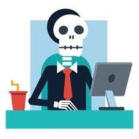 Skeleton businessman working in the office. Dead skeleton working at office. vector