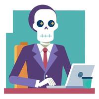 Skeleton businessman working in the office. dead skeleton working at office. . vector