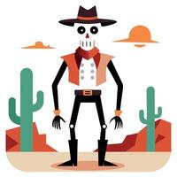 A skeleton in a cowboy hat and boots standing in the desert vector