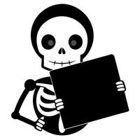 Skeleton holding black empty card on black background mockup for Halloween card vector