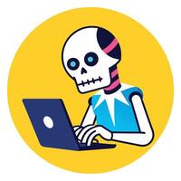 Skeleton using a laptop on a yellow background. . vector